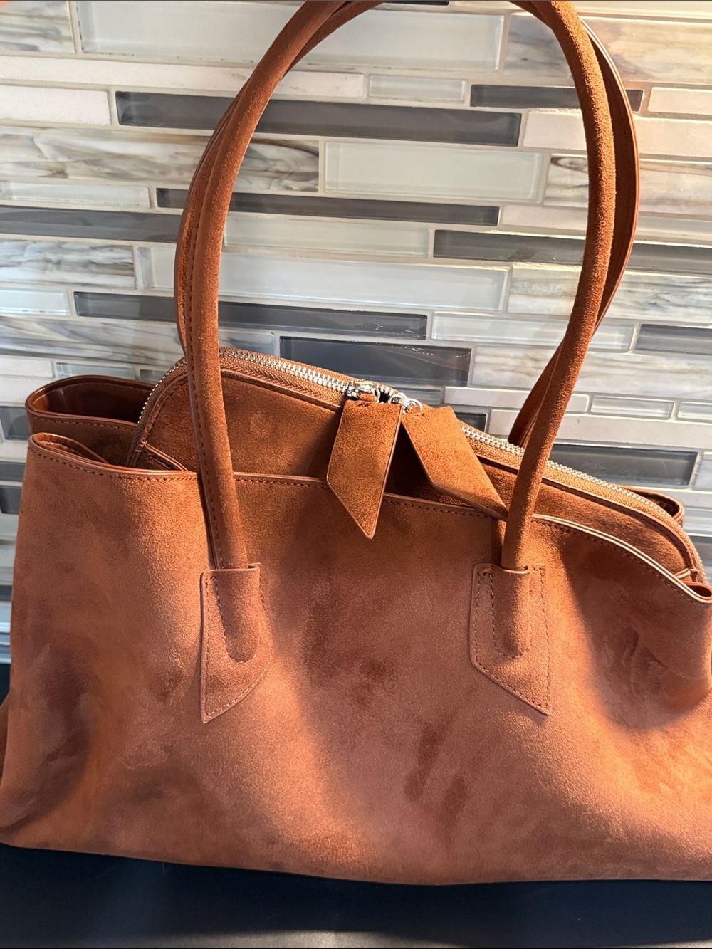 Asymmetrical Suede Shoulder Tote in Cognac